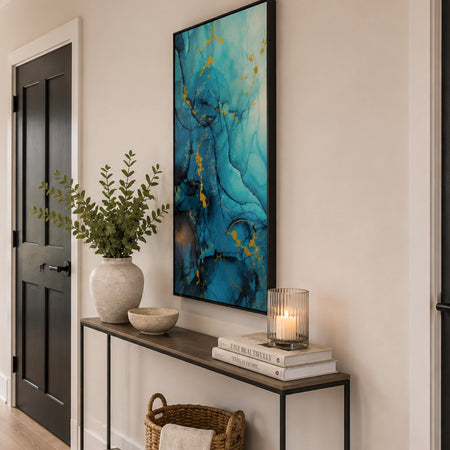 Framed Teal Blue and Gold Abstract Canvas 62cm x 122cm