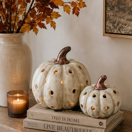 Ceramic rustic two tone autumn Halloween pumpkin LED lit 2 sizes