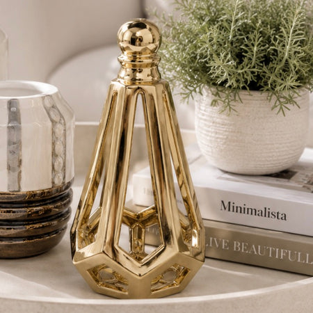 Gold hexagonal ornament candle holder 22cm