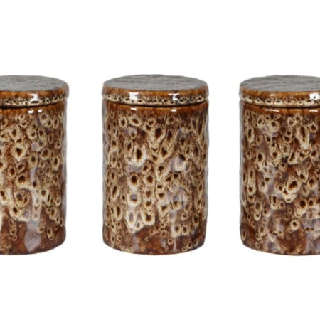 Reactive brown mottled print lidded canisters jars