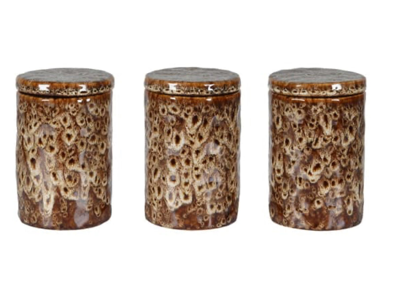 Reactive brown mottled print lidded canisters jars