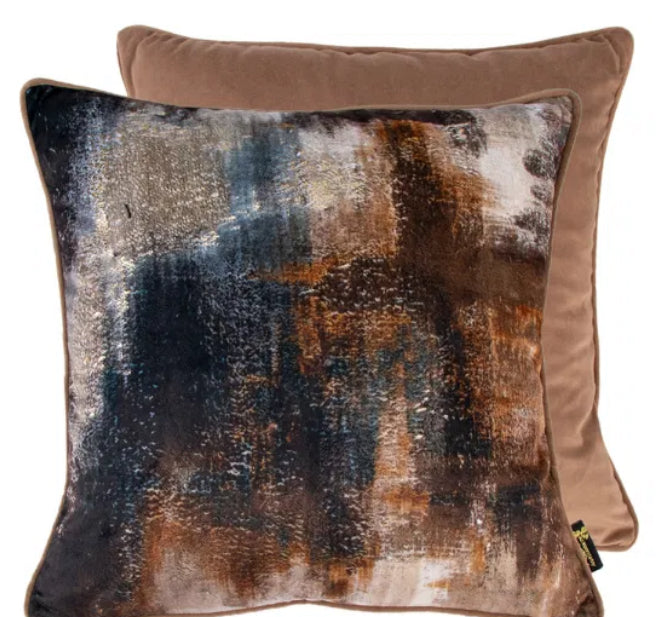 Paul Moneypenny Bronze brown navy Abstract Too Good Velvet Cushion 45cm