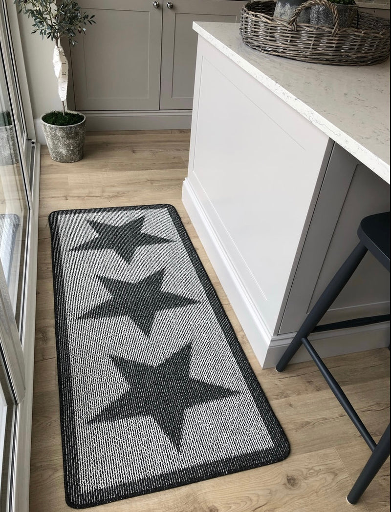 Charcoal Star Door washable mat rug Runner 67cm by 150cm and 67cm by 200cm