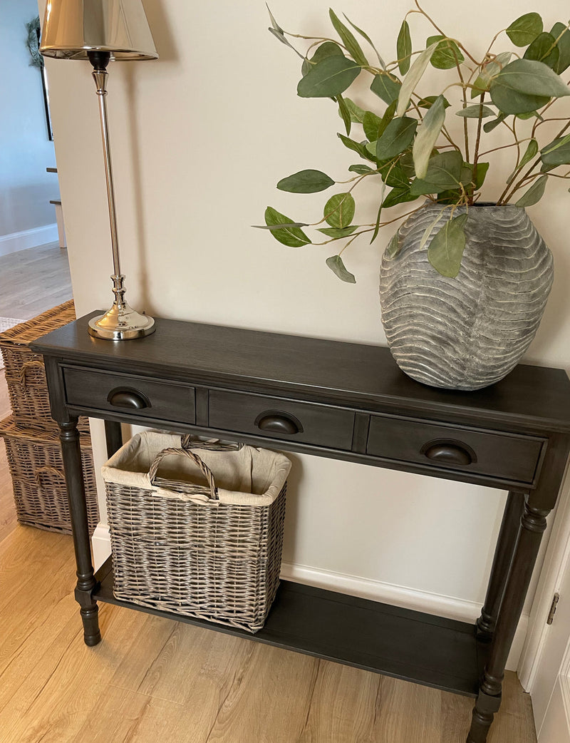 Large Grey Silver 3 Drawer Console With Shelf