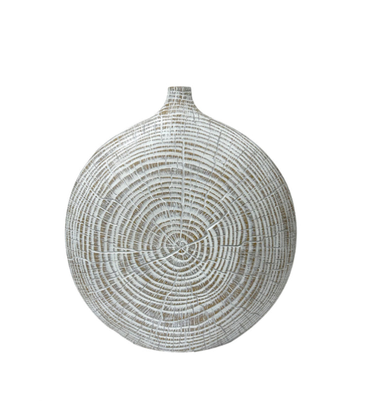 Brown and white textured wood look round vase
