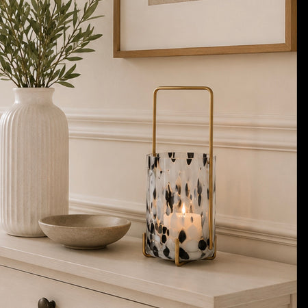 Black white gold fleck mottled speckled candle holder glass metal