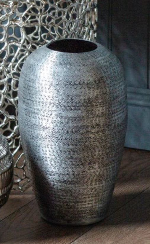 Large hammered silver pewter metal vase