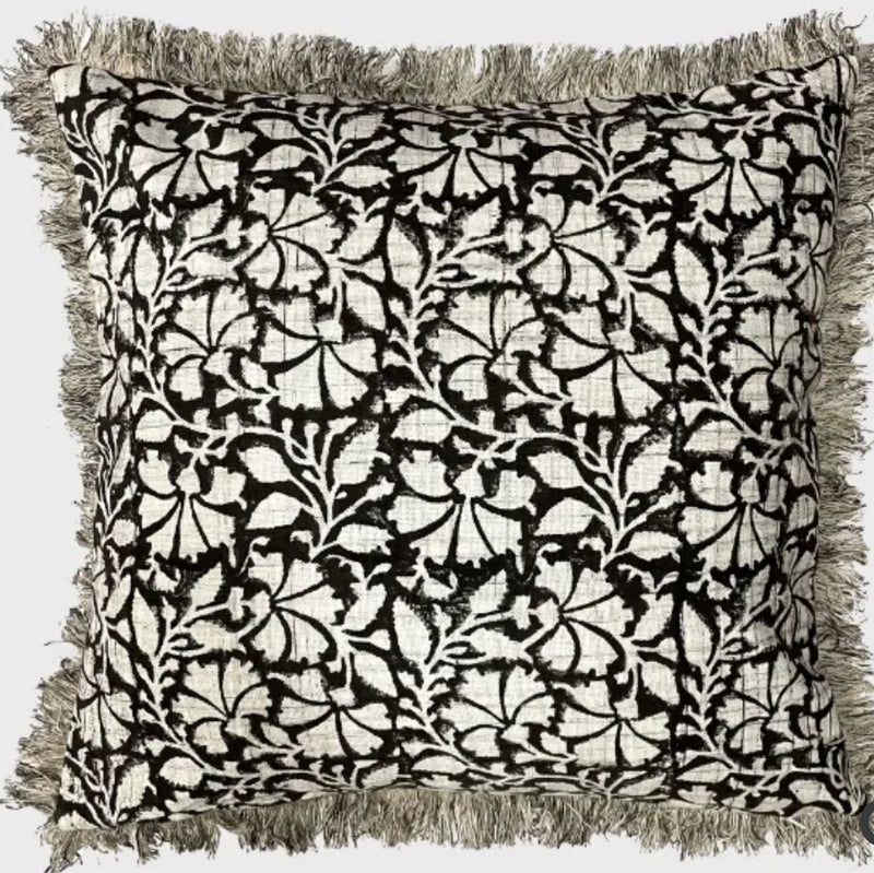 Brown print mocha stone cream print tassel edge cushion