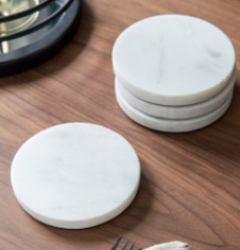 Round white solid marble coasters set of 4