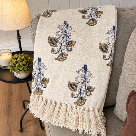 Natural beige blue and green floral print throw 130x150cm