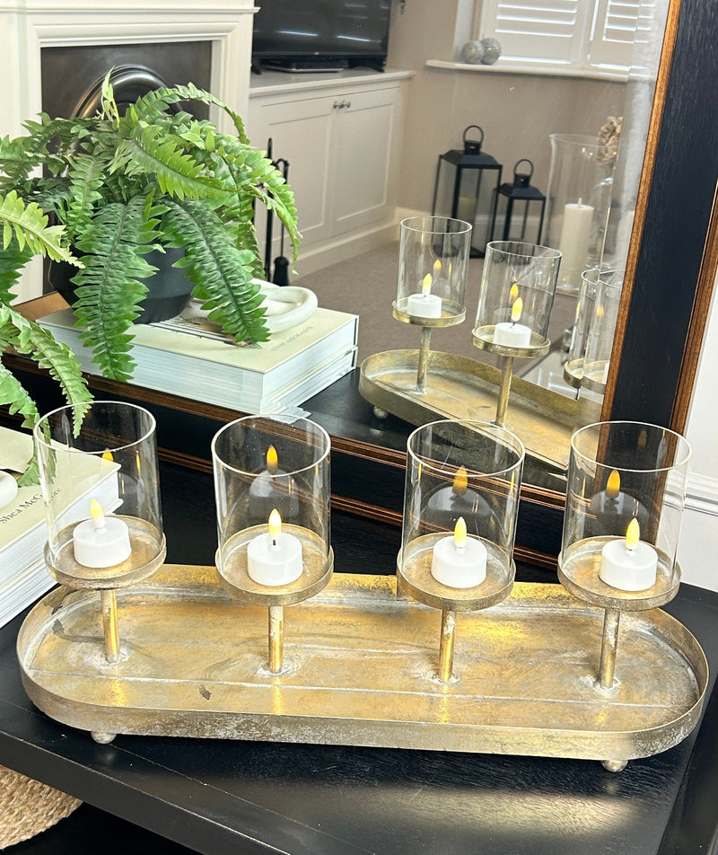 Oval gold glass hurricane candle holder large