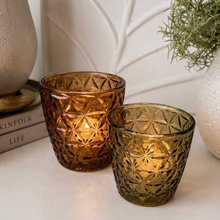 Brown textured candle holder 2 sizes mixed