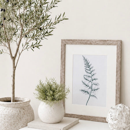 Fern botanical natural green white cream washed wood frame mounted art picture 3 styles