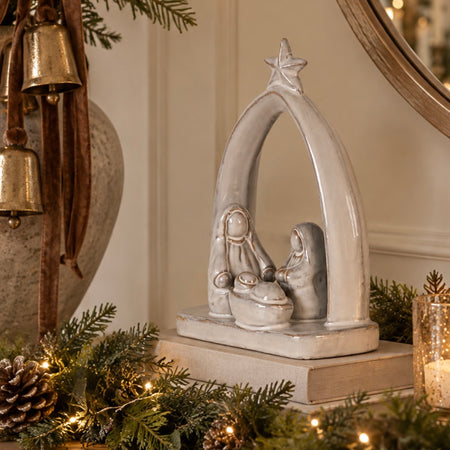 White ceramic nativity arch scene ornament 20cm