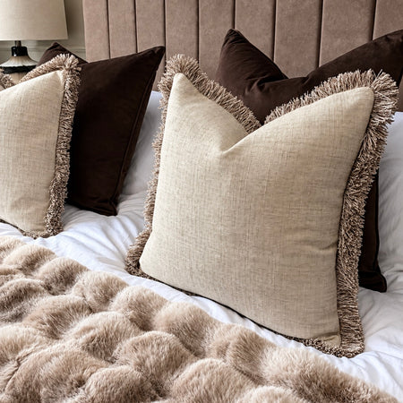 Textured linen look taupe cream casa frill trim edge cushion 46cm