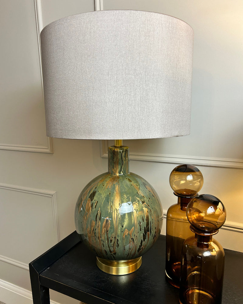 Green and Gold Abstract Glass Lamp with Taupe Faux Silk Shade