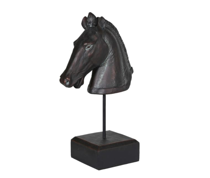 Black carved horse head on base stand