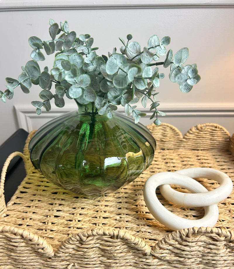 Green Fluted Ribbed Glass Squat Vase 19cm