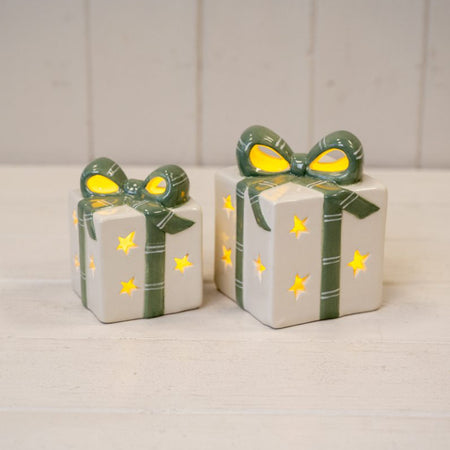 LED White Ceramic Light up Present With Green Bow, 2 Sizes