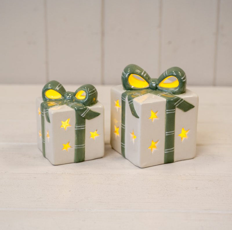 LED White Ceramic Light up Present With Green Bow, 2 Sizes