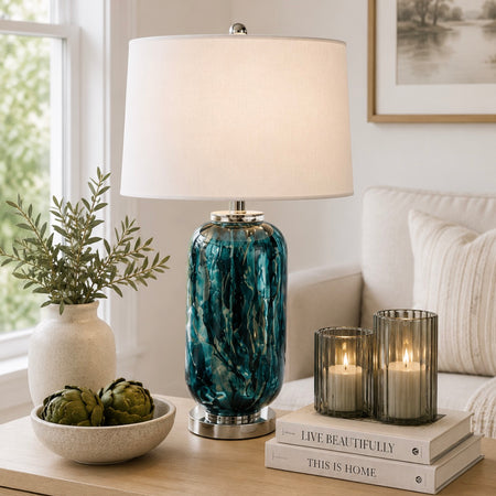 Blue turquoise navy silver lamp with white shade