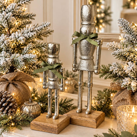 Silver Nutcracker Figures on Wood Base 2 Sizes