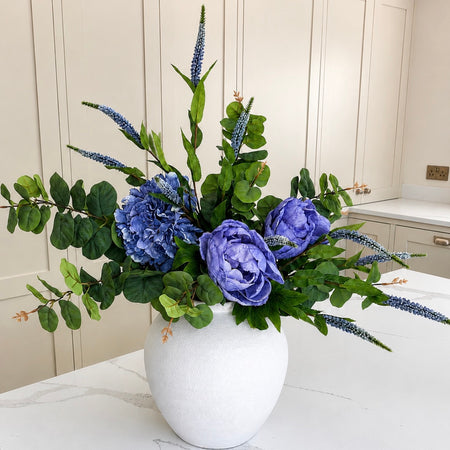 Blue hydrangea peony Veronica eucalyptus arrangement