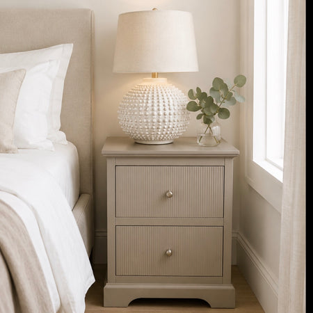 Taupe two drawer slatted bedside table