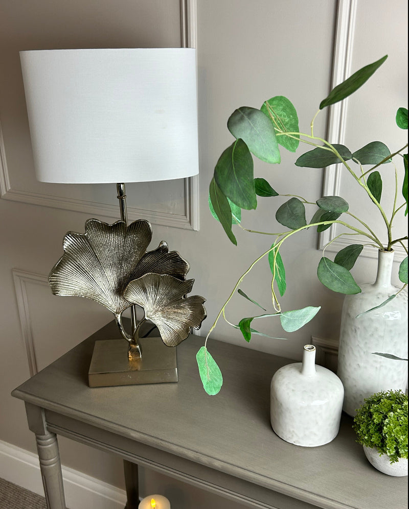 Gingko champagne leaf petal metal lamp with white oval shade