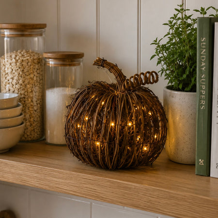 LED lit 15cm pumpkin wicker woven battery