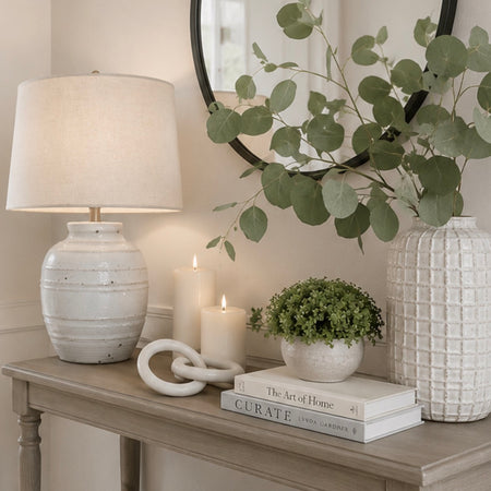 Thalia stone distressed lamp with linen shade