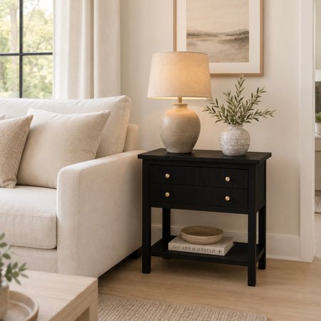 Black two drawer glass shelf side table bedside end sofa table