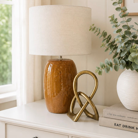 Russet rust chunky ceramic lamp with linen white shade