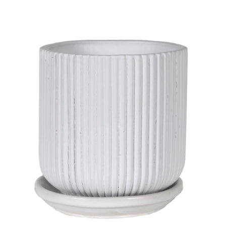 White Ribbed Plant Pot With Plate