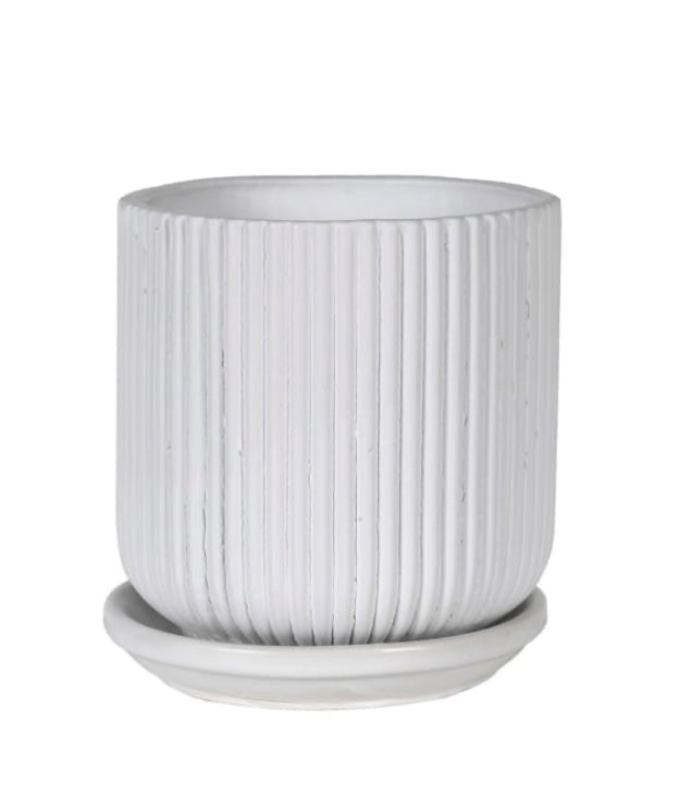 White Ribbed Plant Pot With Plate