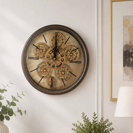 Brass gold black 23cm gears clock