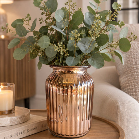 Small rose gold ribbed vase 20cm