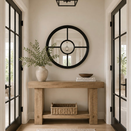 Black wooden round window mirror 100cm