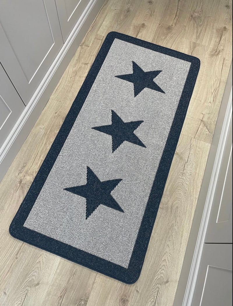 Navy Blue Star Door washable rug Runner 67cm by 150cm and 67cm by 200cm