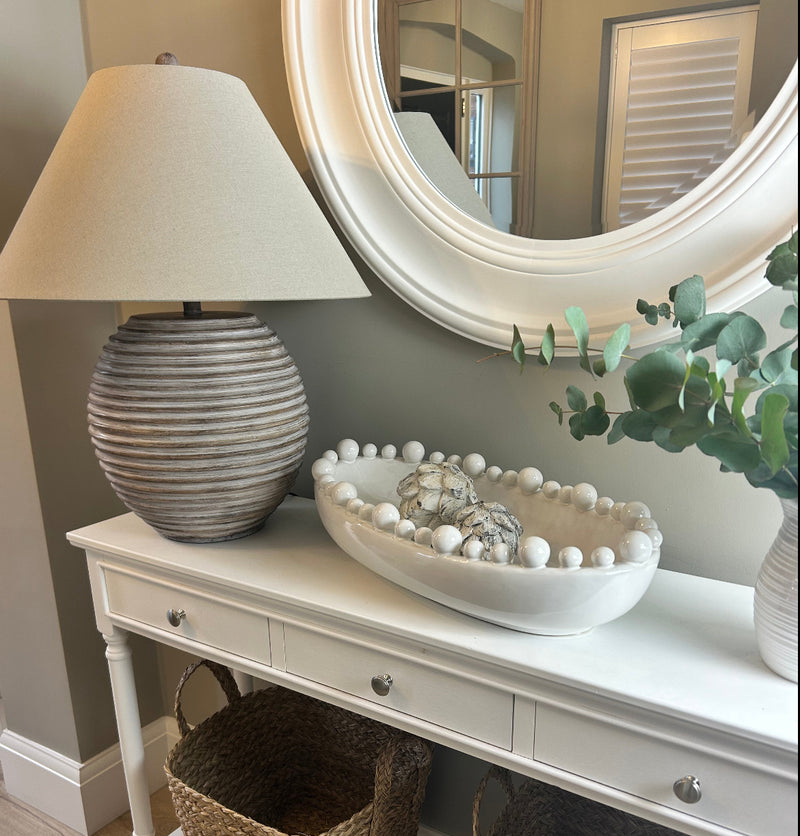 Large Distressed stone Terracotta Table Lamp with natural Linen Shade