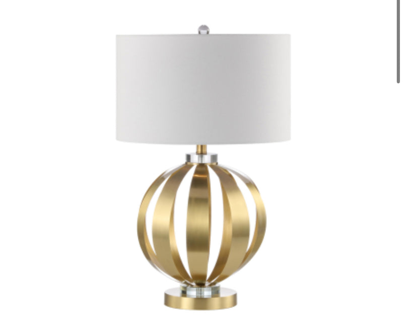 Gold metal round chunky lamp with white shade