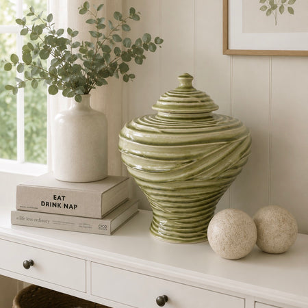Ceramic green ripple ginger jar vase