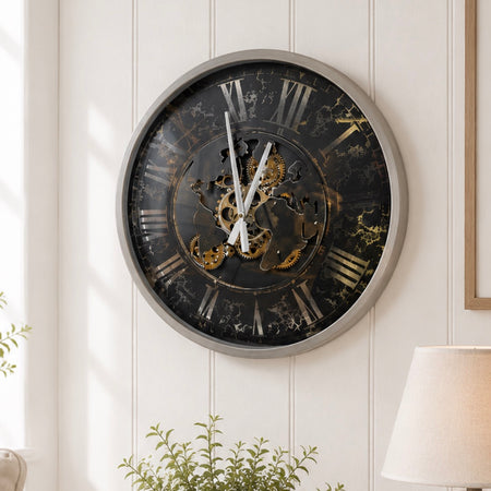 Silver Black gears clock 58cm