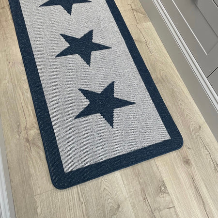 Navy Blue Star Door washable rug Runner 67cm by 150cm and 67cm by 200cm