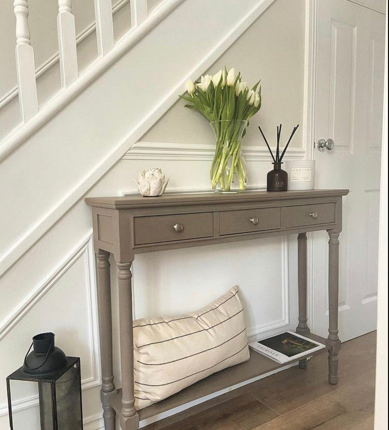 Large taupe 3 drawer console 120cm by 35cm by 82cm