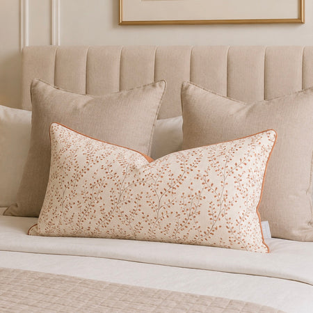 Terracotta orange rust cream leaf print Voyage large oblong cushion 40x60cm