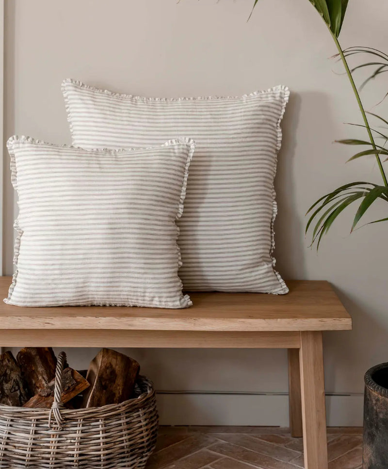 Boxwell stripe neutral frill edge cushion linen cotton cream white beige stone square 45cm