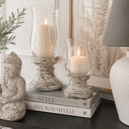 Aged rustic stone ceramic hurricane lantern two sizes