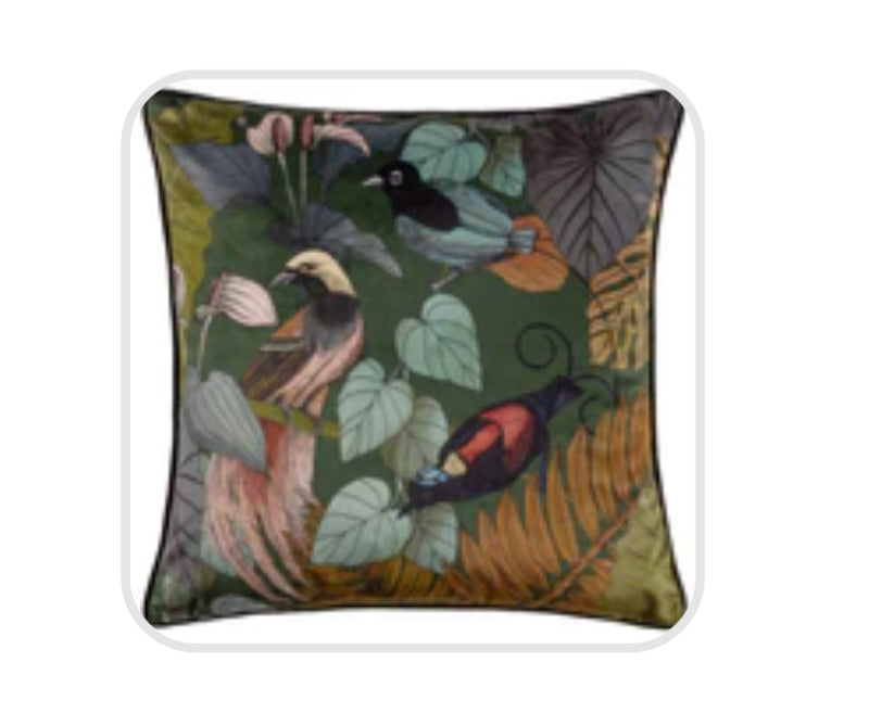 Moriyo Piped Velvet bird Cushion Emerald