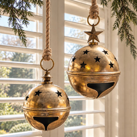 Large Gold hanging bells with cut out stars 2 sizes